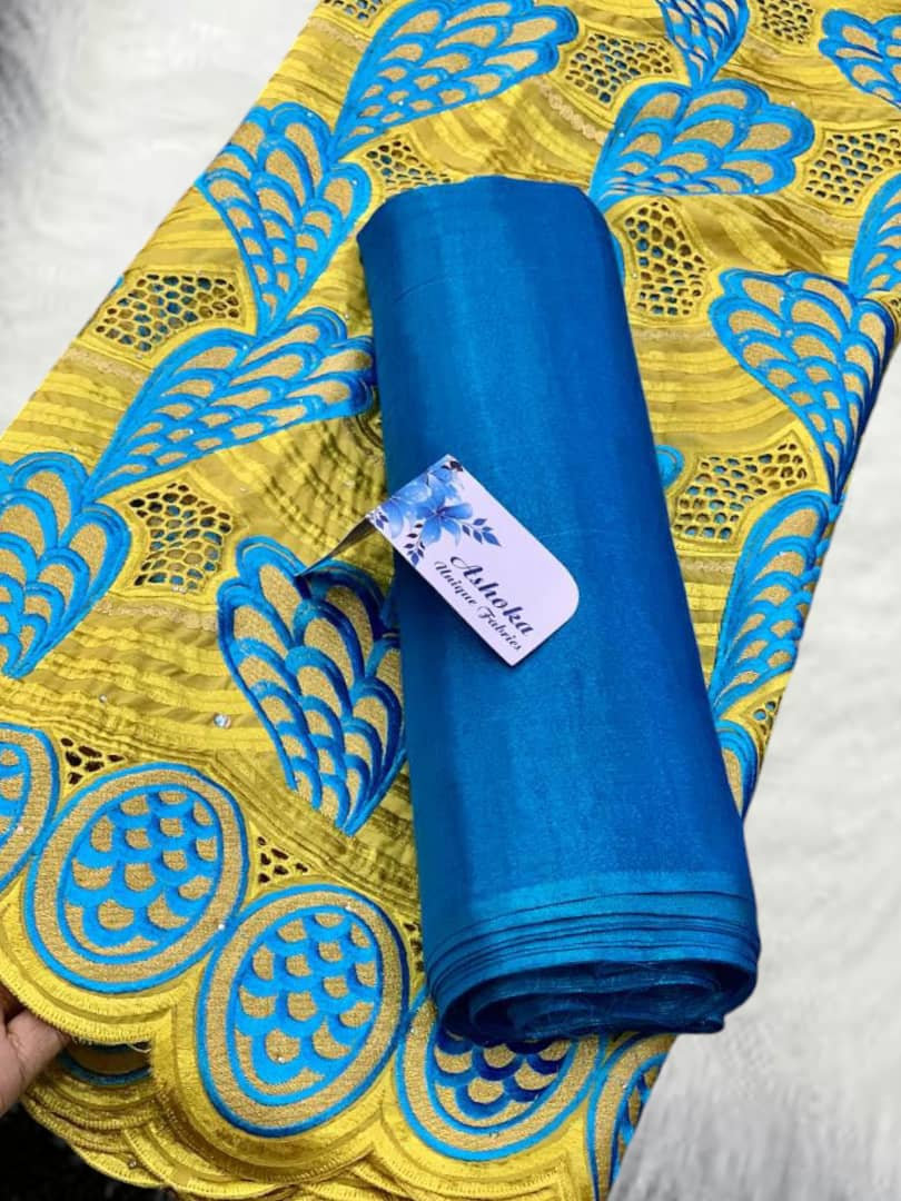20 colors Available Luxury African Lace Fabric Set – 5 Yards Embroidered Voile + 2 Yards Matching Headwrap | Bridal Lace, Swiss Voile, Ships Worldwide