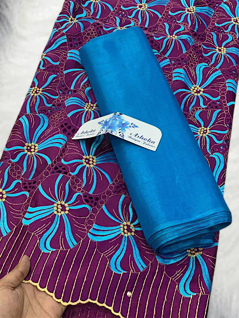 20 colors Available Luxury African Lace Fabric Set – 5 Yards Embroidered Voile + 2 Yards Matching Headwrap | Bridal Lace, Swiss Voile, Ships Worldwide