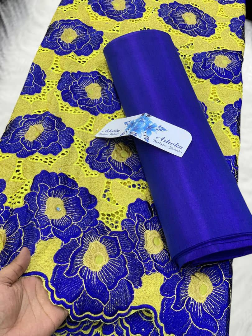 20 colors Available Luxury African Lace Fabric Set – 5 Yards Embroidered Voile + 2 Yards Matching Headwrap | Bridal Lace, Swiss Voile, Ships Worldwide