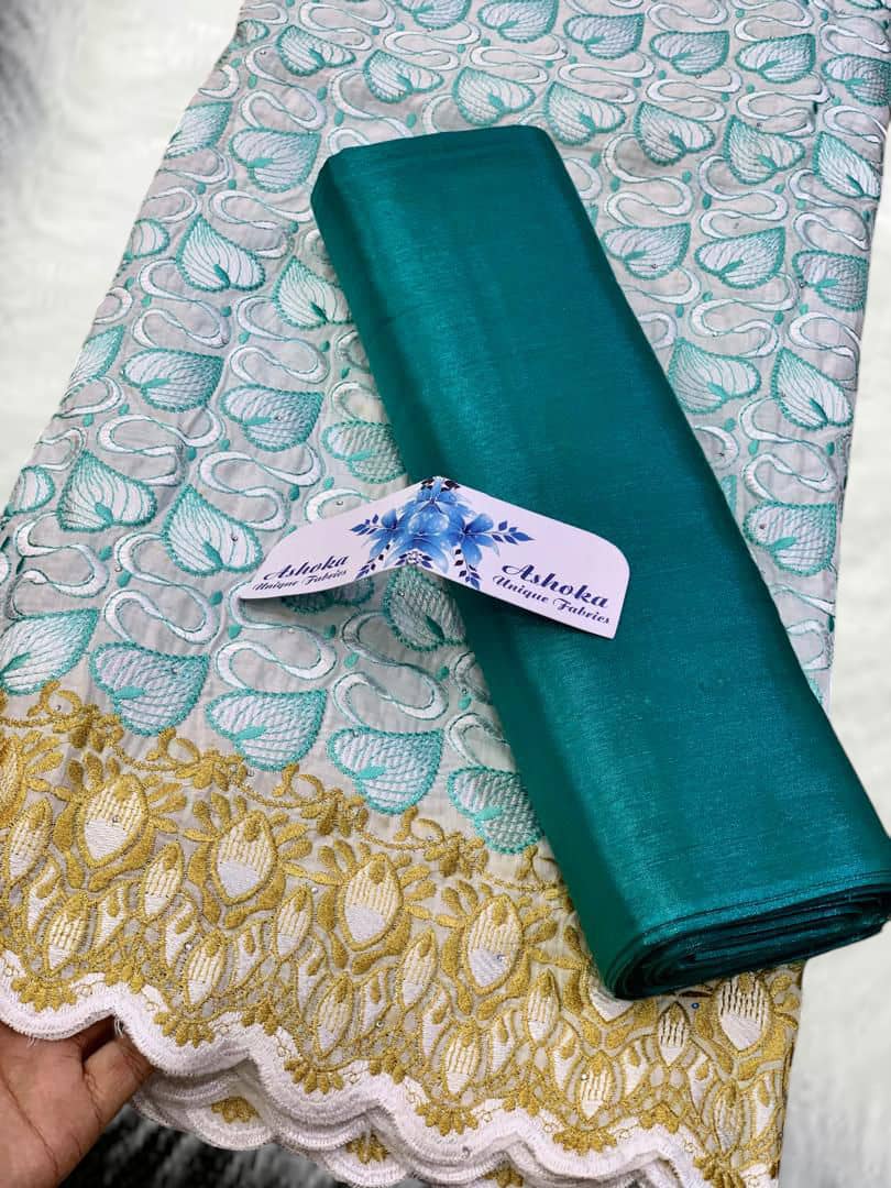 20 colors Available Luxury African Lace Fabric Set – 5 Yards Embroidered Voile + 2 Yards Matching Headwrap | Bridal Lace, Swiss Voile, Ships Worldwide